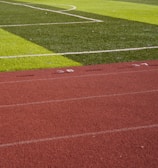 A sports field with vivid green grass divided into sections by white lines in the background. In the foreground, a track with a reddish-brown surface is marked with numbers and lines.
